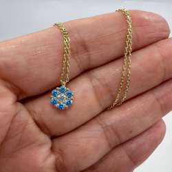 New Elegant 14K Solid Gold Necklace Blue Topaz White Gemstone Italy Pendant 2.3g