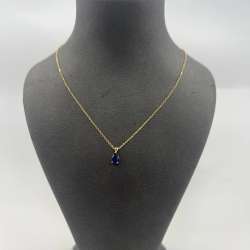 New Elegant 14K Solid Gold Necklace with Blue Teardrop Gemstone – 2.0g, 22.5cm