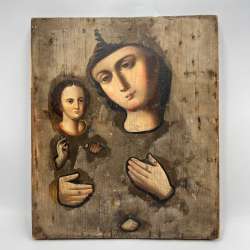 Antique Russian Icon Virgin Mary & Child Hand Painted on Wood, 19th C