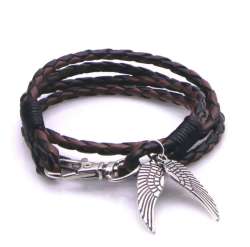 Classic black and white multilayer leather bracelet with feather wing design.