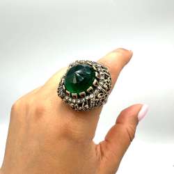 Vintage Ottoman Style 925 Silver Ring with Green Stone – 26.41g