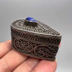 Antique 925 Silver Filigree Pill Box Lapis Lazuli Gemstone Vintage Snuff Trinket