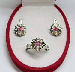 Vintage Silver 875 Ruby Earrings & Ring Set – Elegant Women’s Fine Jewelry USSR