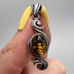Vintage 925 Sterling Silver Pendant with Natural Amber - Handmade Jewelr
