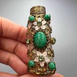 1970 Vintage Czech Glass Perfume Bottle Gilt Brass Filigree Jeweled Flask Jewels