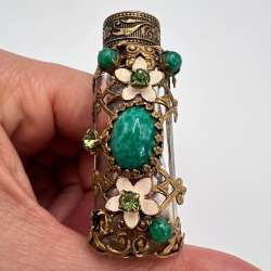 1970s Vintage Czech Glass Perfume Bottle Gilt Filigree Green Jewels Flask Brass