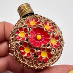 1970s Vintage Gilt Filigree Perfume Bottle Enamel Glass Flacon Czechoslovakia
