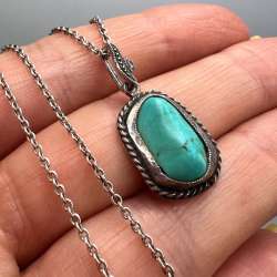 Vintage Sterling Silver 925 Turquoise Stone Pendant Chain Necklace Boho Jewelry