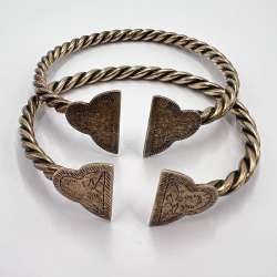 Antique Ethnic Tribal Bracelets Pair Israel 925 Silver Gold Plated Engraved 88g
