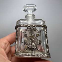 Antique Italian Glass Perfume Bottle Bronze Silver Plate Frame Putti Medallion
