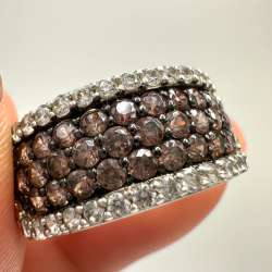 Vintage Sterling Silver 925 Wide Band Ring with Brown & White Cubic Zirconia