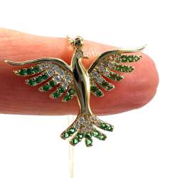 14K Yellow Gold Phoenix Necklace with green and White Zircon  Elegant and Unique