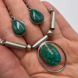 Vintage Sterling Silver 925 Jewelry Set Chrysocolla Stone Necklace Earrings 12g