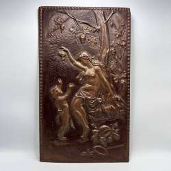 Vintage Copper Relief Wall Plaque Art Nouveau Venus Woman Child Harvest Scene