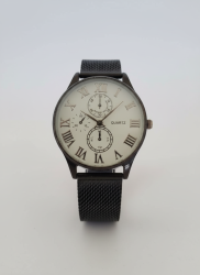 Vintage Metal Classic Men's Quartz Watch Black Mesh Band White Roman Dial 44.4g