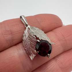 1970s Vintage 835 Silver Leaf Pendant Red Stone German Women's Jewelry Signed
