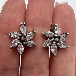 Vintage Pair Of Stud Earrings Sterling Silver 925 Zircons Jewelry Women's 5.63gr