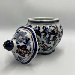 Antique Vase Porcelain 583 gr Blue White Gold Floral Lidded Jar 14.2cm Decor