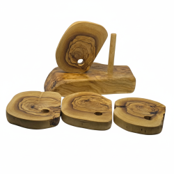 Olive Wood Coasters Set 5-Pc with Holder Stand | Handmade Rustic Natural Edge Drink Protectors