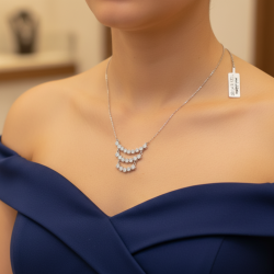14K White Gold Zircon Floral Three Row Cascading Necklace Dainty Gift