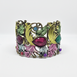Antique Gold Tone Multicolor Floral Leaf Cuff Bracelet Gemstone Statement Jewelr