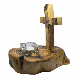 Olive Wood Cross Candle Holder Set | Rustic Christian Religious Gift Decor
