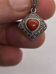 Sterling Silver 925 Heart Red Stone Pendant – Vintage Marcasite Design