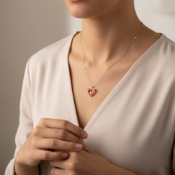 14K Yellow Gold Red Enamel Heart Necklace Dazzling Stone Pendant Women's Love Je