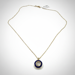 14K Yellow Gold Blue Enamel Circle Pendant Necklace Diamond Accent Fine Jewelry