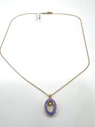 14K Yellow Gold Lilac Enamel Oval Pendant Necklace Sparkling Stone Dainty Charm