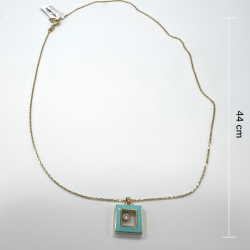 14K Gold Turquoise Enamel Square Pendant Necklace CZ Stone Modern