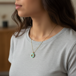 14K Yellow Gold Turquoise Enamel CZ Circle Pendant Necklace Dainty Women's Gift