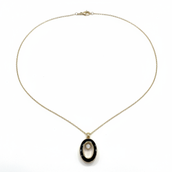 14K Yellow Gold Black Enamel Oval Pendant Sparkling Stone Dainty Gift