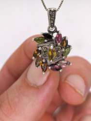 Vintage Sterling Silver 925 Multi-Gemstone Cluster Pendant – 9g Handmade Flora