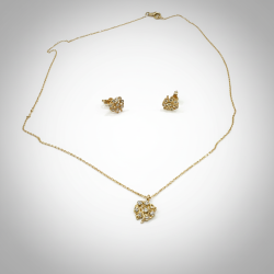 14K Yellow Gold Zircon Floral Necklace & Stud Earrings Set Womens Fine Jewelry