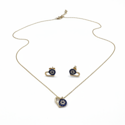 14K Yellow Gold Heart Evil Eye Necklace Earrings Set Blue Zircon Dainty 42cm