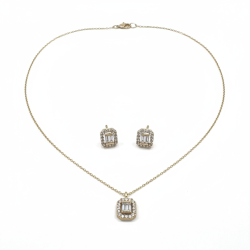 14K Yellow Gold Baguette Zircon Square Necklace & Stud Earrings Set Women 42cm