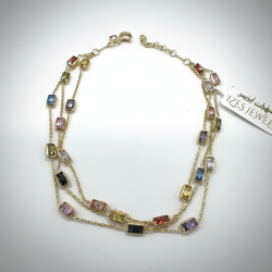 14K Gold Triple Layer Multi-Color Zircon Rectangular Gemstone Necklace Women