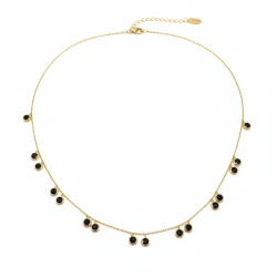 14K Yellow Gold Black Zircon Necklace Dainty Bezel Set Drop Chain Minimalist Gift