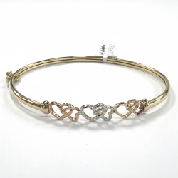 14K Solid Gold Tri-Color Interlocking Hearts Bangle Bracelet Diamond Cut Women's Gift