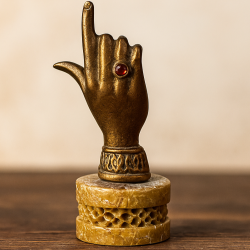 Bronze Hand Statue with Red Gem on Stone Base – Vintage Middle Eastern Art 1970s