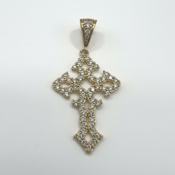 14K Yellow Gold Ornamental CZ Cross Pendant Sparkling Religious Charm Gift New