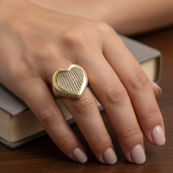 Refined 14K Yellow Gold Heart Ring | Linear Texture Top | Cubic Zirconia Accents
