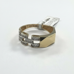 14K Solid Yellow Gold Zircon Geometric Link Ring Modern Elegant Men's Women's