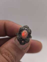 Vintage Sterling Silver 925 Marcasite Ring with Fiery Opal – Size 5.75 – 5g