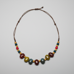 Handmade Adjustable Glazed Ceramic Wood Bead Necklace Boho Multi-Color Unisex Gift