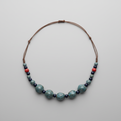 Artisan Ceramic Beaded Necklace Teal Blue Red Adjustable Cord Boho Statement Women Gift