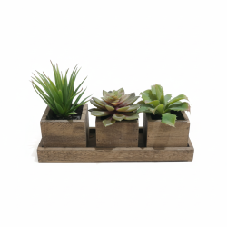 Rustic Wood Succulent Trio Mini Planter Set | Decorative Faux Plants Home Decor
