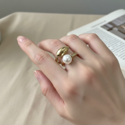 14K Yellow Gold Pearl CZ Open Ring | Elegant Modern Fine Jewelry Gift For Her