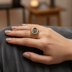 14K Yellow Gold Lattice Band Ring Black Champagne White CZ Statement Artistic Women's